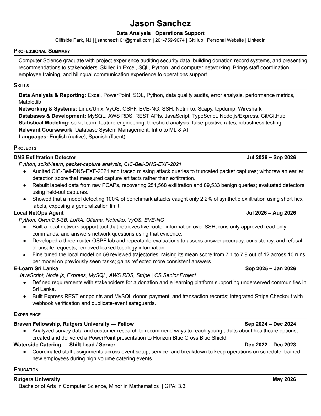 Jason Sanchez's Data Analysis and Operations Support resume